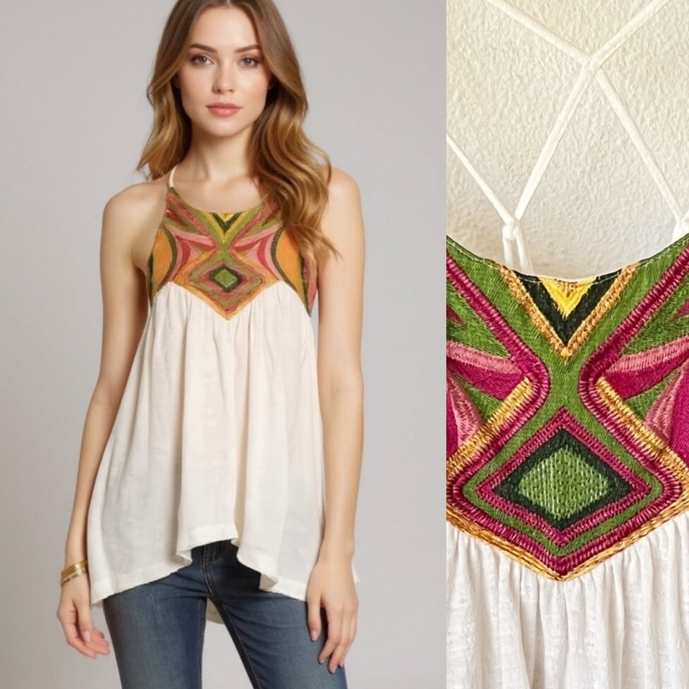 Free People White Flowy Pink and Green Bohemian Embroidered Tank Size Medium - Picture 2 of 13